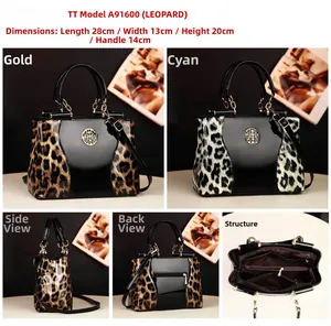 Detail view of leopard print handbag showing inner pockets and dimensions 28x13x20cm