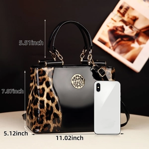Detail view of leopard print shoulder bag showing dimensions and patent leather finish