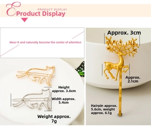 Detail view showing dimensions of geometric cat and deer head metal hair clips
