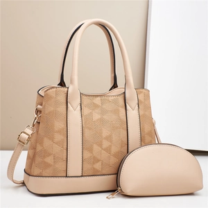 Two-piece beige crossbody tote bag set featuring triangle jacquard fabric and PU leather