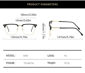 Detailed size chart for semi-rimless anti-blue light glasses with frame dimensions in mm