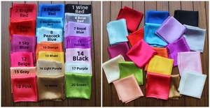 Detailed palette of 20 colors for silk-like satin square scarves on wood texture