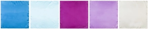 Detail view of five assorted satin square scarves showing smooth silk-like texture and colors