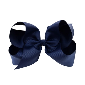 Navy blue 6-inch grosgrain ribbon hair bow clip with multi-layer stacked texture design