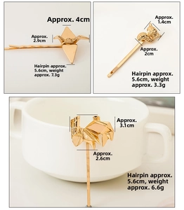 Detailed size measurement of golden geometric origami animal hair clips with alloy finish