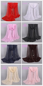Detailed grid view of lightweight chiffon polka dot scarves in eight vibrant color options
