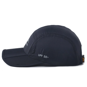 Quick-dry navy blue outdoor sun hat with UPF 50+ protection and breathable side mesh panels