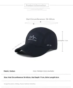 Detail of navy quick-dry outdoor cap with UPF 50+ sun protection and size dimensions