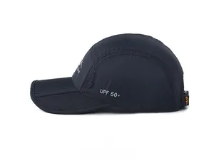 Detail of navy quick-dry baseball cap with UPF 50+ sun protection and foldable brim