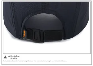 Detail of adjustable quick-dry hat with plastic buckle and orange label accent