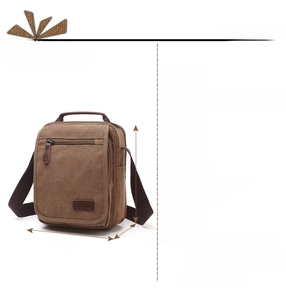 Detailed size chart of men's canvas messenger bag showing dimensions 28x22x12cm and structure