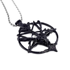 Gothic Baphomet goat head pendant with pentagram on silver ball chain for women