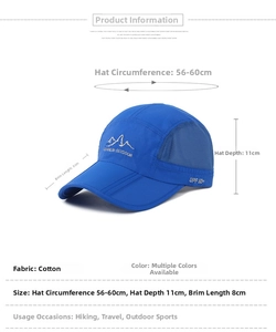 Détails du chapeau de soleil bleu avec protection UPF 50+, dimensions et mesh respirant