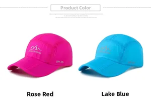 UPF 50+ sun protection detail on foldable quick-dry outdoor caps in rose and blue