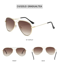 Detailed views of gold metal aviator sunglasses with brown gradient lenses from multiple angles