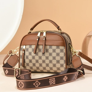 Dames Retro Monogram Schoudertas PU Leer Schaakbord Handtas Met Brede Jacquard Band Dagelijkse Mode Messenger Bag
