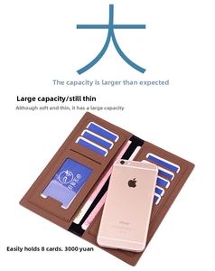Slim long brown wallet interior detail with 8 card slots and smartphone storage compartment