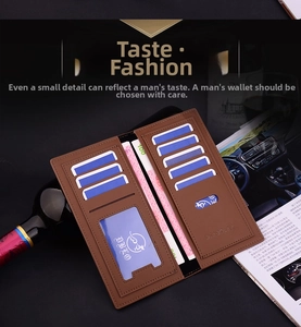 Detailed interior of brown long wallet showing multi-card slots and photo window