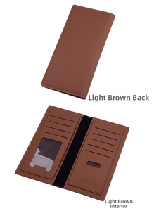 Detailed interior of light brown long wallet showing card slots and ID window