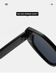 Detail of the secure mirror shaft and reinforced hinge of these trendy black sunglasses