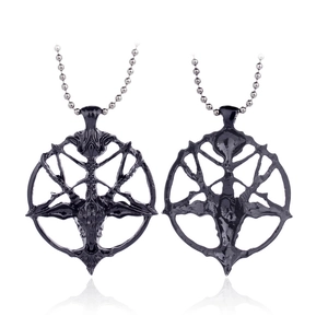 Vintage gothic Baphomet skull pendant necklace with black beaded chain and star design
