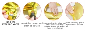 Instructional detail showing air valve and inflation steps for golden 4D disco ball balloon