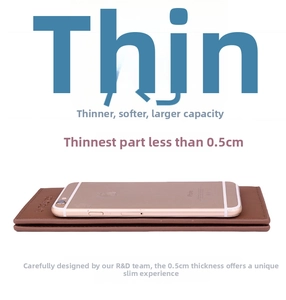 Slim brown leather wallet under 0.5cm thickness compared with a smartphone