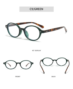 Three-sided view of vintage oval sunglasses in green with tortoiseshell temples