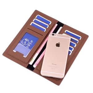 Brown leather long wallet for men featuring multiple card slots and phone compartment