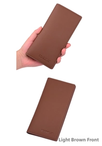 Macro detail of a slim light coffee long wallet showing high-quality leather texture