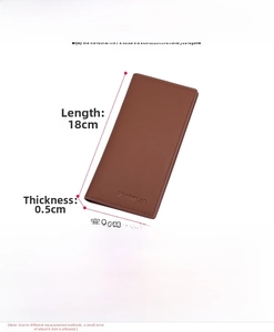 Detailed size specifications for the slim coffee brown long wallet showing internal slots