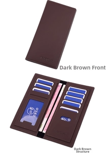 Detail view of dark brown long wallet showing interior card slots and front cover texture