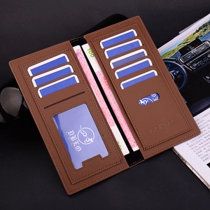 Brown long leather wallet for men with multi-card slots and a slim vertical design