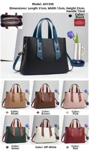 Detailed grid of minimalist PU leather tote bag in black, khaki, brown and pink colors