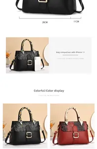 Comparaison de taille détaillée du sac à main texturé avec iPhone 11 et choix de couleurs