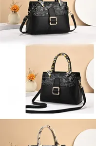 Détail du sac à main noir avec rabat en crocodile et foulard en soie sur la poignée