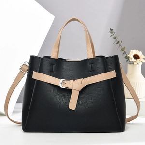 Stylish Women Handbag PU Leather Litchi Grain Patchwork Contrast Color Large Capacity Shoulder Crossbody Tote Bag