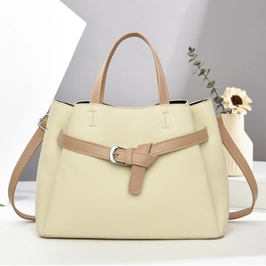Chic beige and brown multi-layer tote bag with silver buckle and detachable shoulder strap
