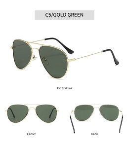 Detailed multi-angle views of vintage aviator sunglasses with gold frames and green lenses