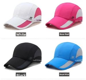Detail showing various dual-tone quick-dry sports caps with breathable mesh and logo