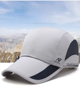 Detail of grey quick-dry sports cap with breathable mesh and printed sports logo