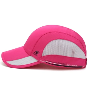 Pink quick-dry sports baseball cap with white mesh panels and side sports logo