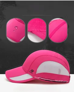 Detail view of quick-dry rose red sports hat with breathable mesh and large sun brim