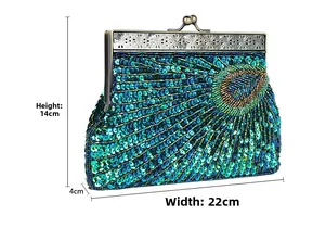 Detailed view showing height 14cm and width 22cm of a beaded vintage peacock clutch bag