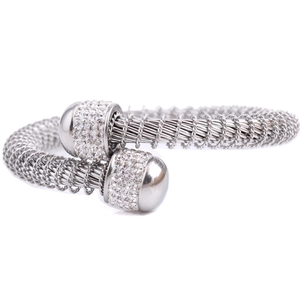 Silver twisted cable bypass bangle featuring crystal-encrusted ball ends in stainless steel