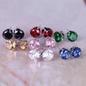Classic 8mm round zircon stud earrings in seven vibrant colors with four-claw setting
