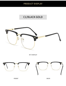 Detail view of premium black gold semi-rimless eyeglass frames from three different angles