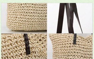 Detail of straw woven bag showing tight texture and reinforced brown leather shoulder strap