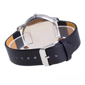 Detail view of the black leather strap with silver pin buckle on this fashion watch