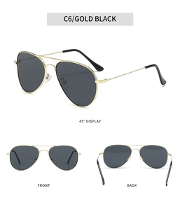 Classic gold aviator sunglasses with black lenses shown in front, back and 45-degree views